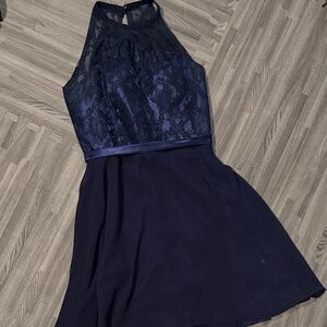 Elegant Navy Lace Halter Dress